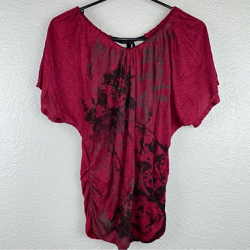 Miss Royal T Womens Floral Print Round Neck Short Sleeve Tie Back Blouse Small